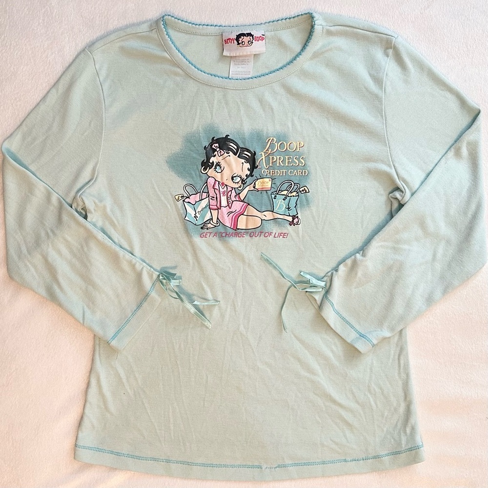 Vintage Y2K 2004 Betty Boop Long Sleeve Shirt Top M Blue Get a Charge Out ofLife